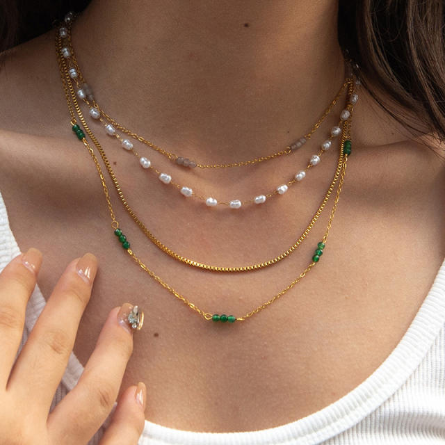 Boho chic pearl bead green color beaded stainless steel necklace collection layer necklace