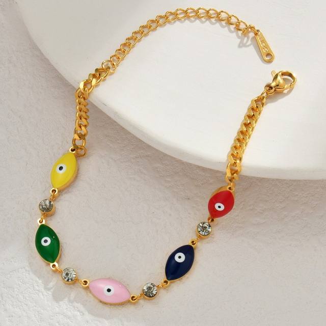 Boho color enamel evil eye hasma hand stainless steel bracelet