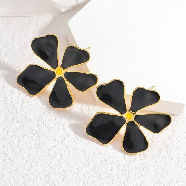 Summer color enamel petal flower stainless steel studs earrings