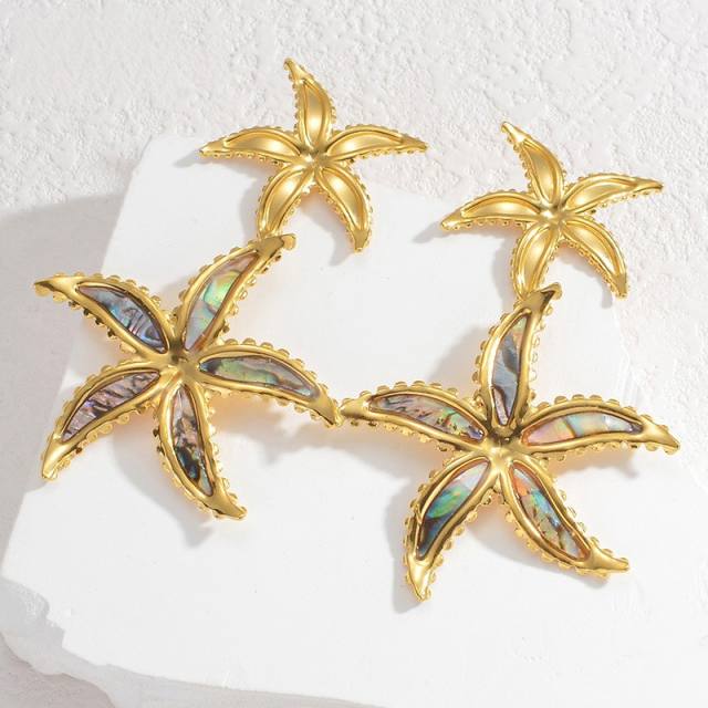 Chunky ocean beach trend palm leaf starfish stainless steel dangle earrings