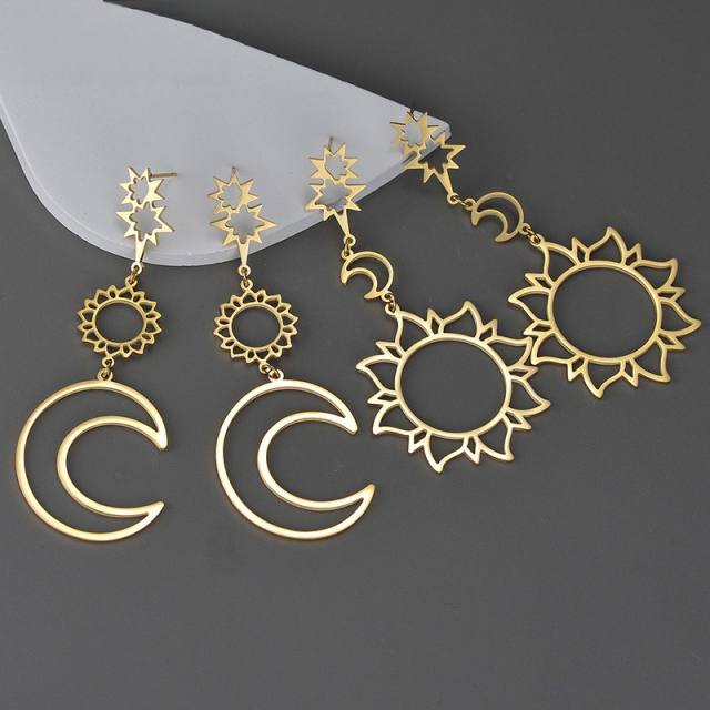 Occident fashion hollow out sun moon stainless steel dangle earrings