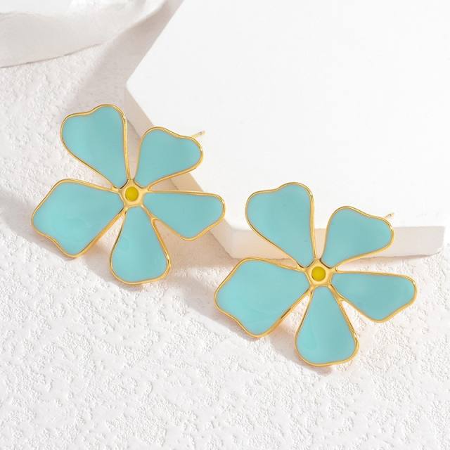Summer color enamel petal flower stainless steel studs earrings