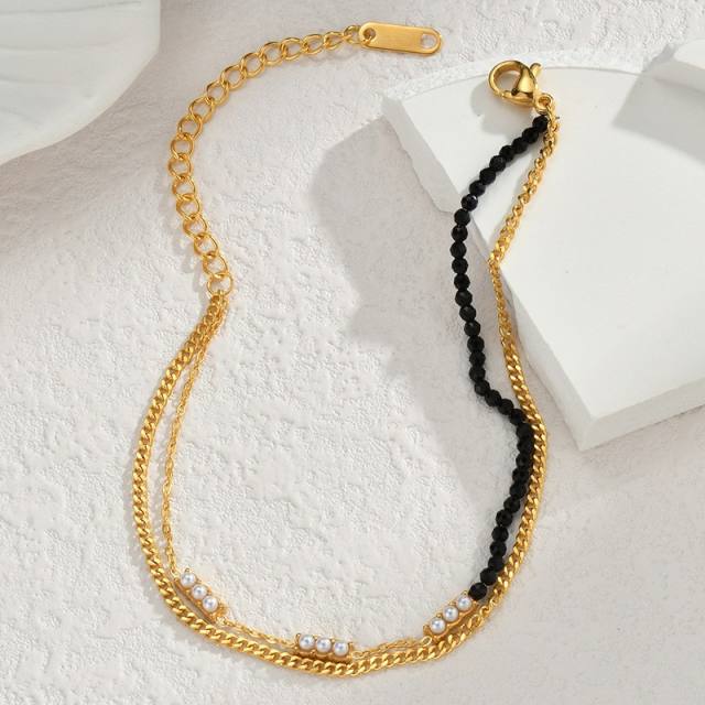 Unique black bead mix stainless steel chain bracelet