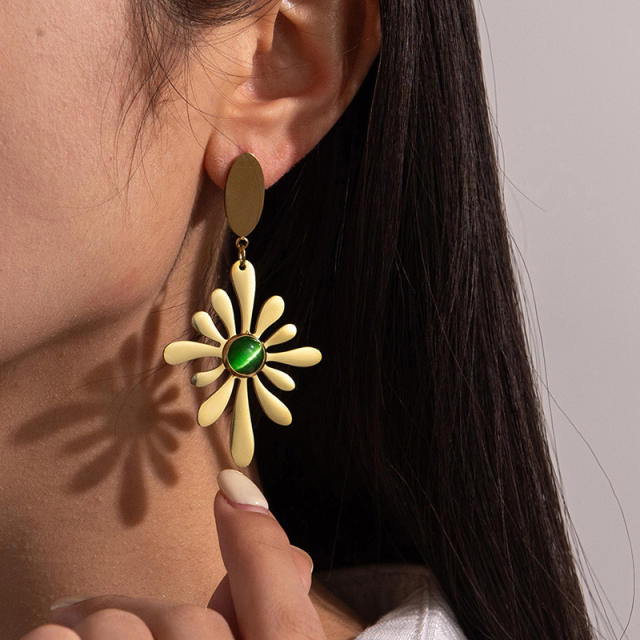 Chunky green opal stone statement flower stainless steel earrings