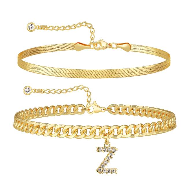 Summer hot sale two layer snake chain diamond initial letter charm stainless steel anklet