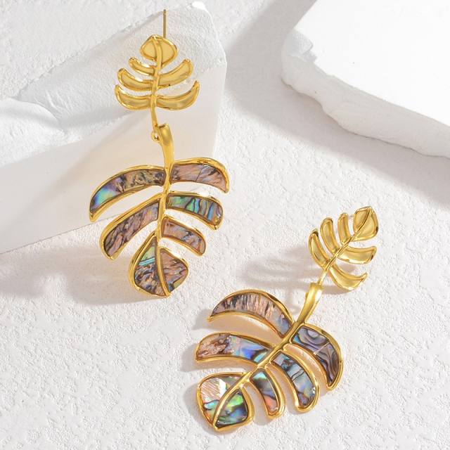 Chunky ocean beach trend palm leaf starfish stainless steel dangle earrings