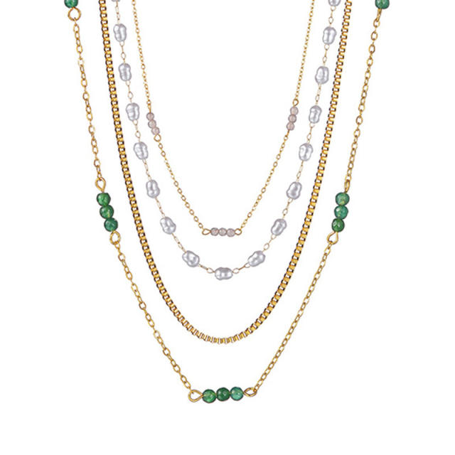 Boho chic pearl bead green color beaded stainless steel necklace collection layer necklace