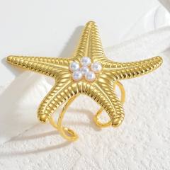 Chunky starfish shape pearl beaded stainless steel finger rings