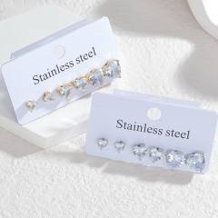 3pair diamond heart stainless steel studs earrings set