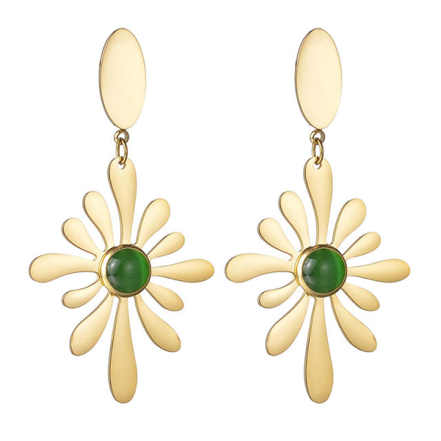 Chunky green opal stone statement flower stainless steel earrings