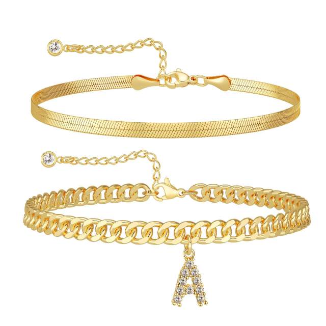 Summer hot sale two layer snake chain diamond initial letter charm stainless steel anklet