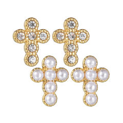 Delicate pearl diamond cross stainless steel studs earrings