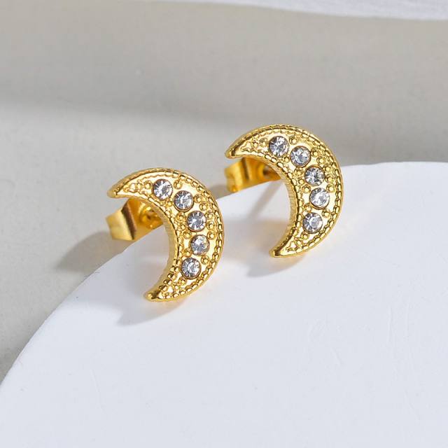 Delicate diamond moon stainless steel studs earrings