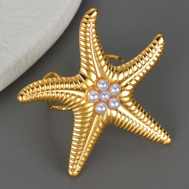 Chunky starfish shape pearl beaded stainless steel finger rings