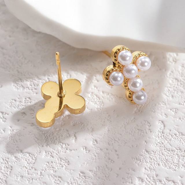 Delicate pearl diamond cross stainless steel studs earrings