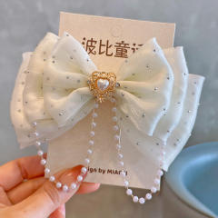 Spring plain color satin bow pearl beaded hair clips for kids