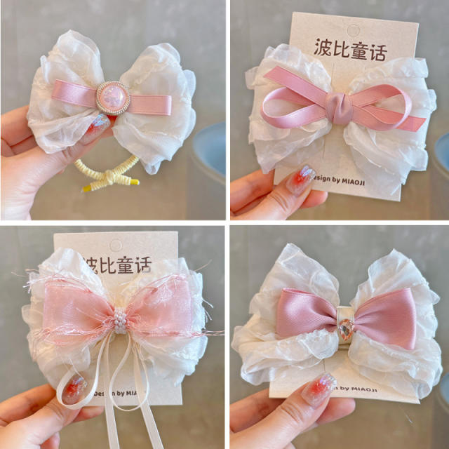 Korean fashion sweet white pink bow hair clips for kids