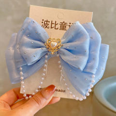 Spring plain color satin bow pearl beaded hair clips for kids