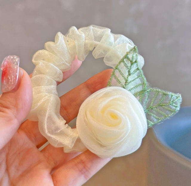 Spring fabric rose flower hair clips scrunchies hair ties for kids