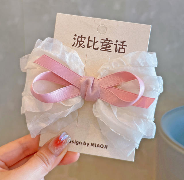 Korean fashion sweet white pink bow hair clips for kids