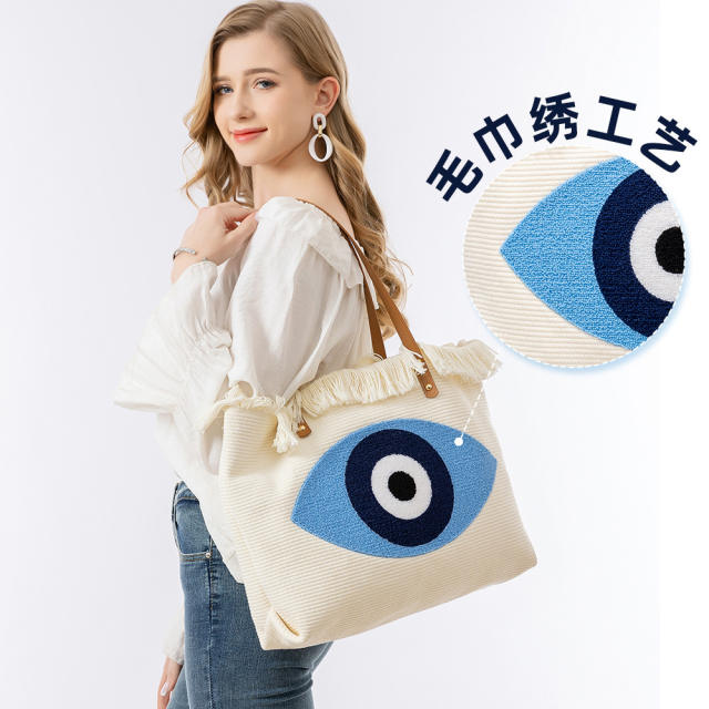 Boho evil eye canvas large beach tote bag