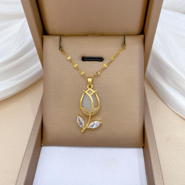 Elegant tulip pendant stainless steel chain necklace