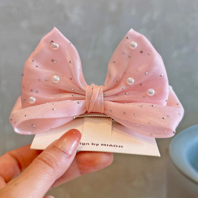 Spring plain color satin bow pearl beaded hair clips for kids