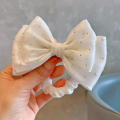 Spring plain color satin bow pearl beaded hair clips for kids