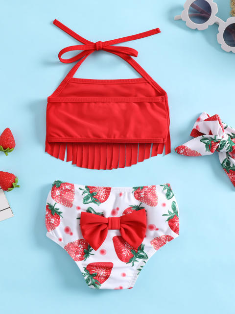 Cute red color strawberry pattern two piece swimsuit