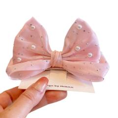 Spring plain color satin bow pearl beaded hair clips for kids