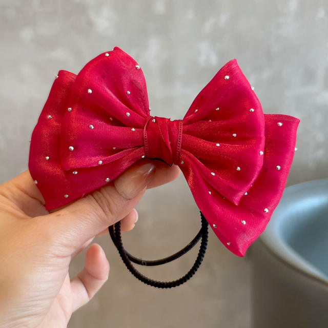 Spring plain color satin bow pearl beaded hair clips for kids