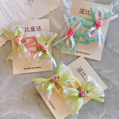 Spring fresh green blue color lace bow snap hair clips for kids