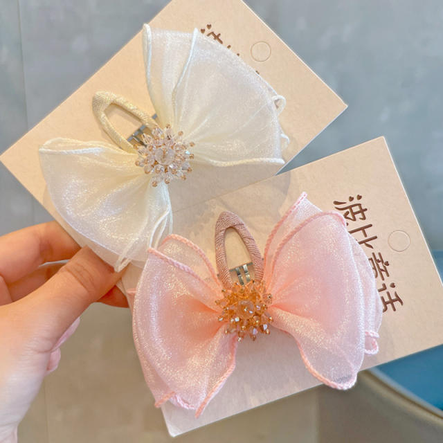Spring design pink white bow snap hair clips for kids