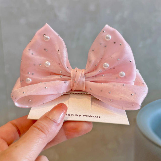 Spring plain color satin bow pearl beaded hair clips for kids