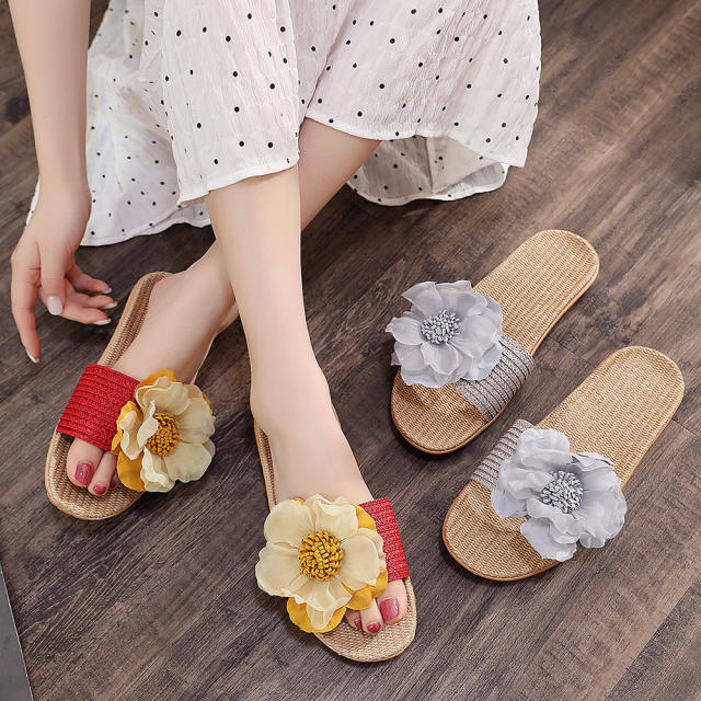 Summer fabric flower flat straw pattern slippers