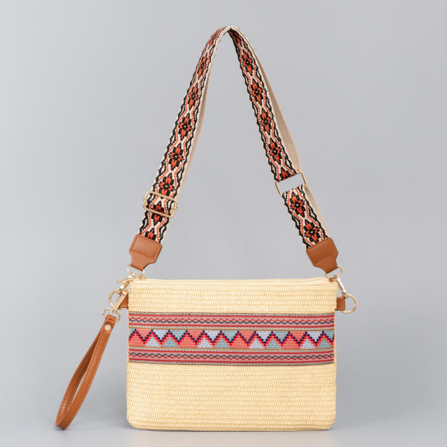 Boho pattern straw material small size crossbody bag clutch bag