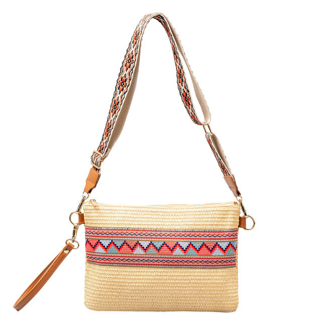 Boho pattern straw material small size crossbody bag clutch bag