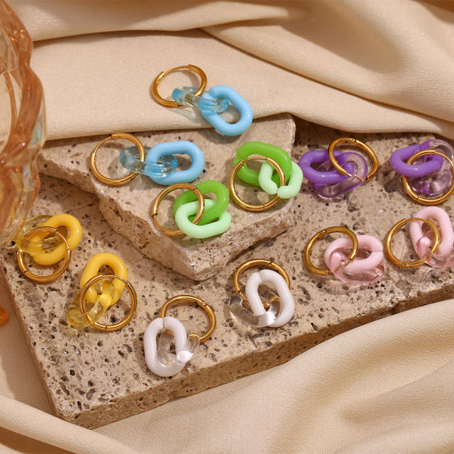 Summer candy color acrylic chain stainless steel hoop earrings