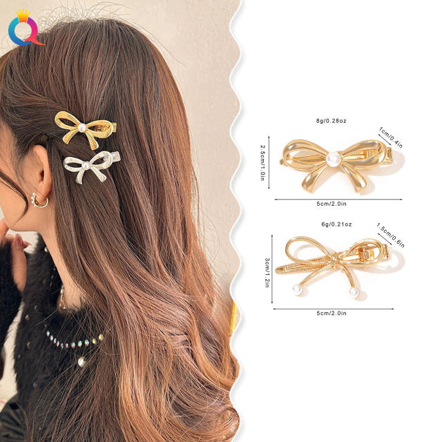 Cute metal bow pearl beaded duckbill hair clips