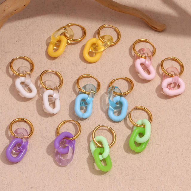 Summer candy color acrylic chain stainless steel hoop earrings