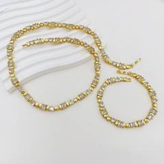 Delicate cubic zircon heart unique geometric gold plated copper necklace bracelet set