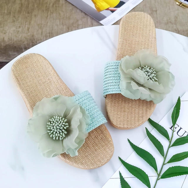 Summer fabric flower flat straw pattern slippers