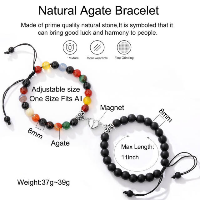 Hot sale heart charm Magnetic attraction natural agate bead bracelet couple bracelet