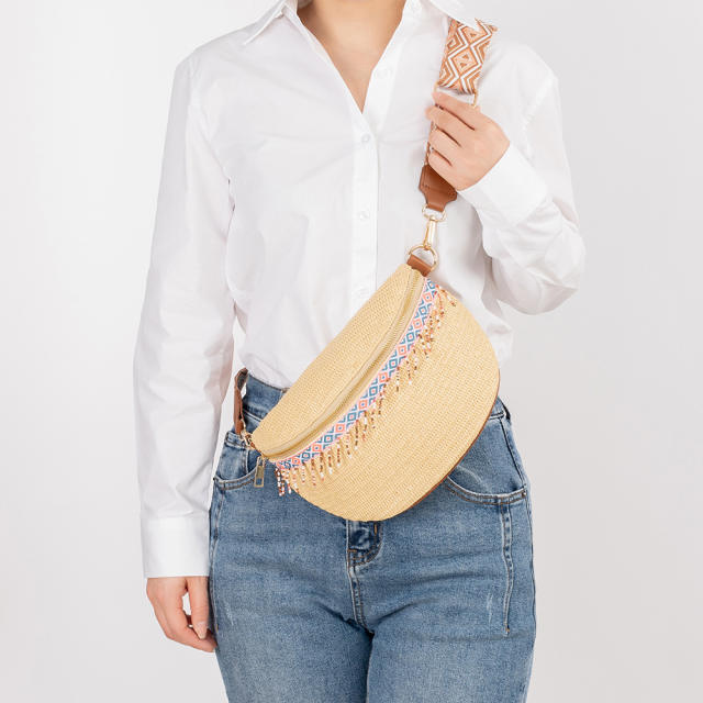 National trend bead tassel straw chest bag crossbody bag