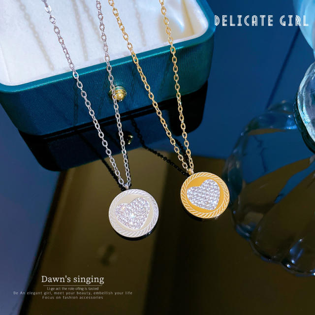 Delicate diamond round piece pendant stainless steel necklace set
