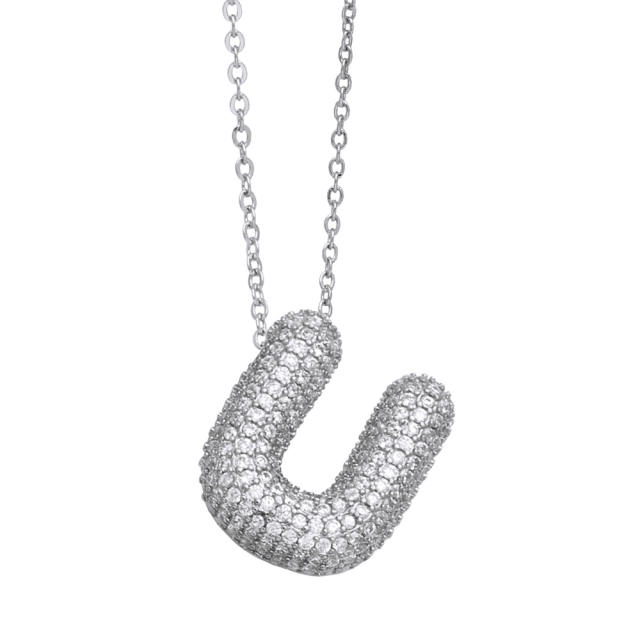 Silver color HIPHOP diamond initial letter charm gold plated copper necklace bubble necklace