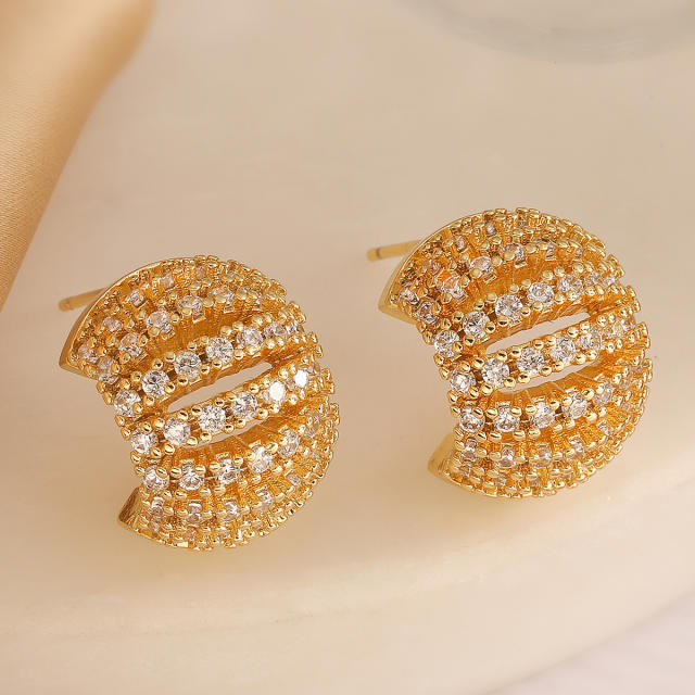 Luxury full cubic zircon chunky gold plated copper studs earrings