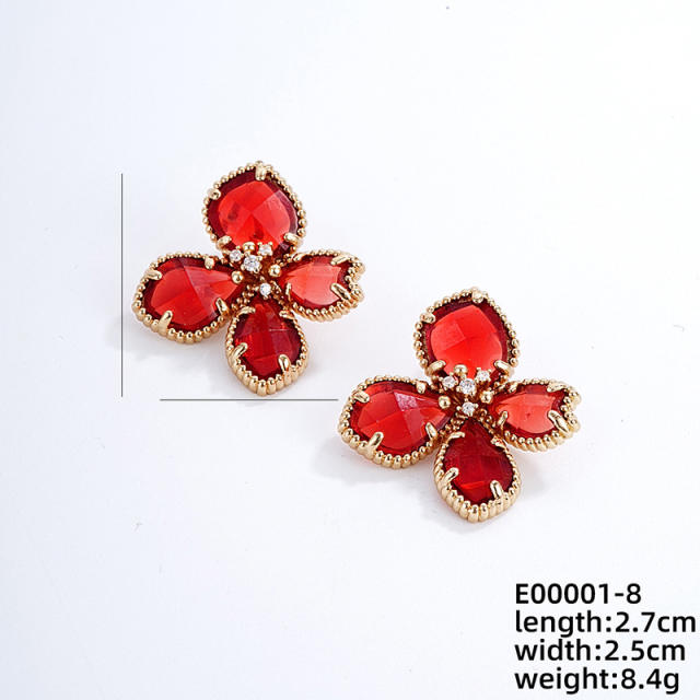 Elegant colorful glass petal flower gold plated copper studs earrings