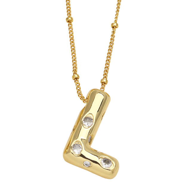 Chunky cubir zircon initial letter charm gold plated copper necklace bubble necklace