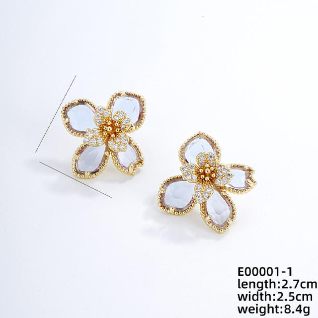 Elegant colorful glass petal flower gold plated copper studs earrings